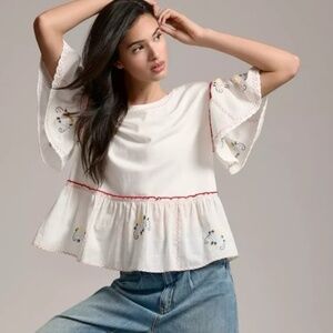 By Anthropologie White Folkloric Embroidered Puff Sleeve Top Shirt Blouse XS